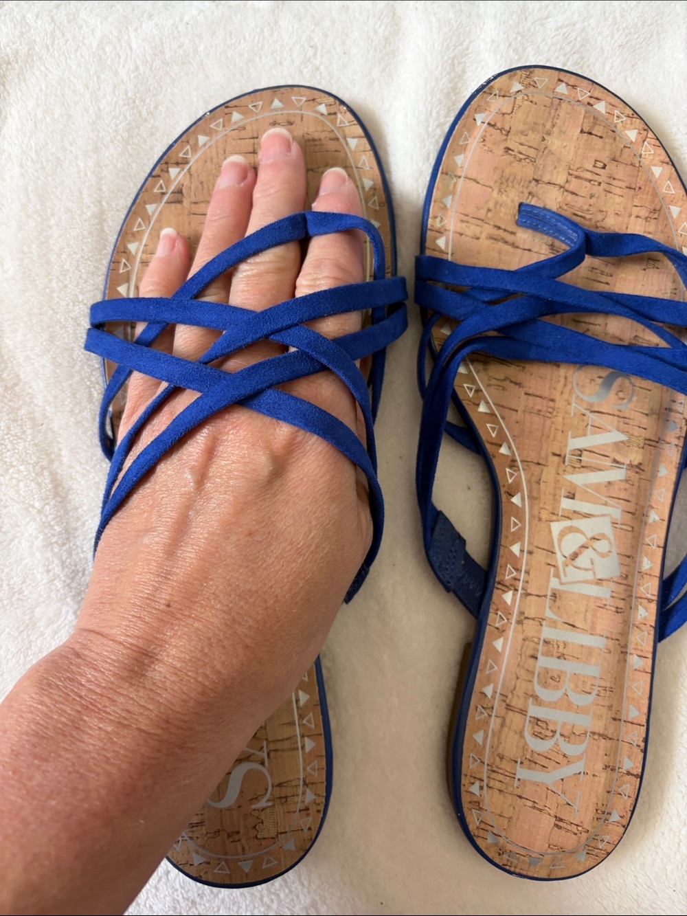 Sam & Libby Royal Blue Strappy Cork-Print Flat Sandals